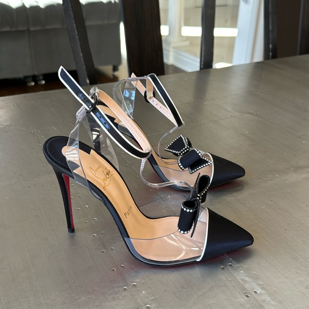 Christian Louboutin naked bow black satin crystal 100mm stiletto sz 38.5